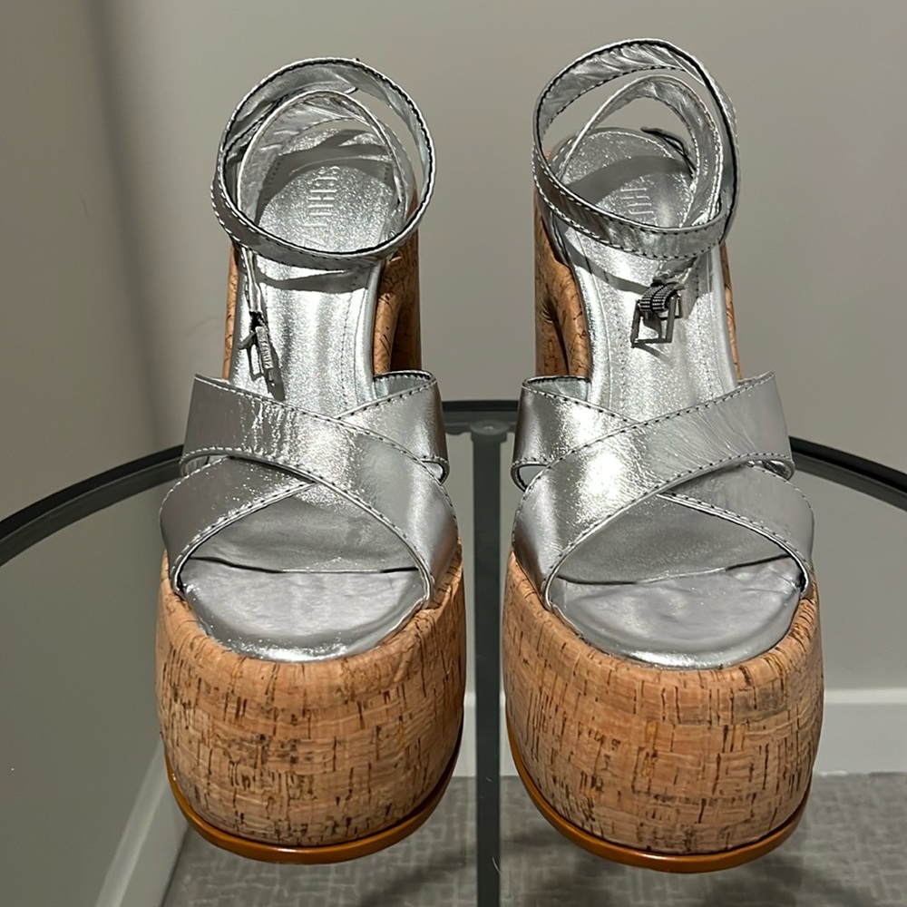 Schutz Silver and Cork Heels